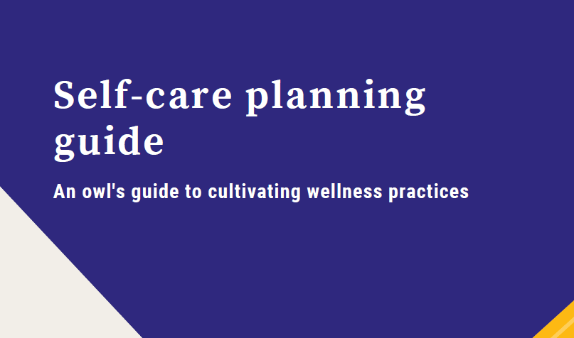 Text reads "Self-care planning guide An owl's guide to cultivating wellness practices"